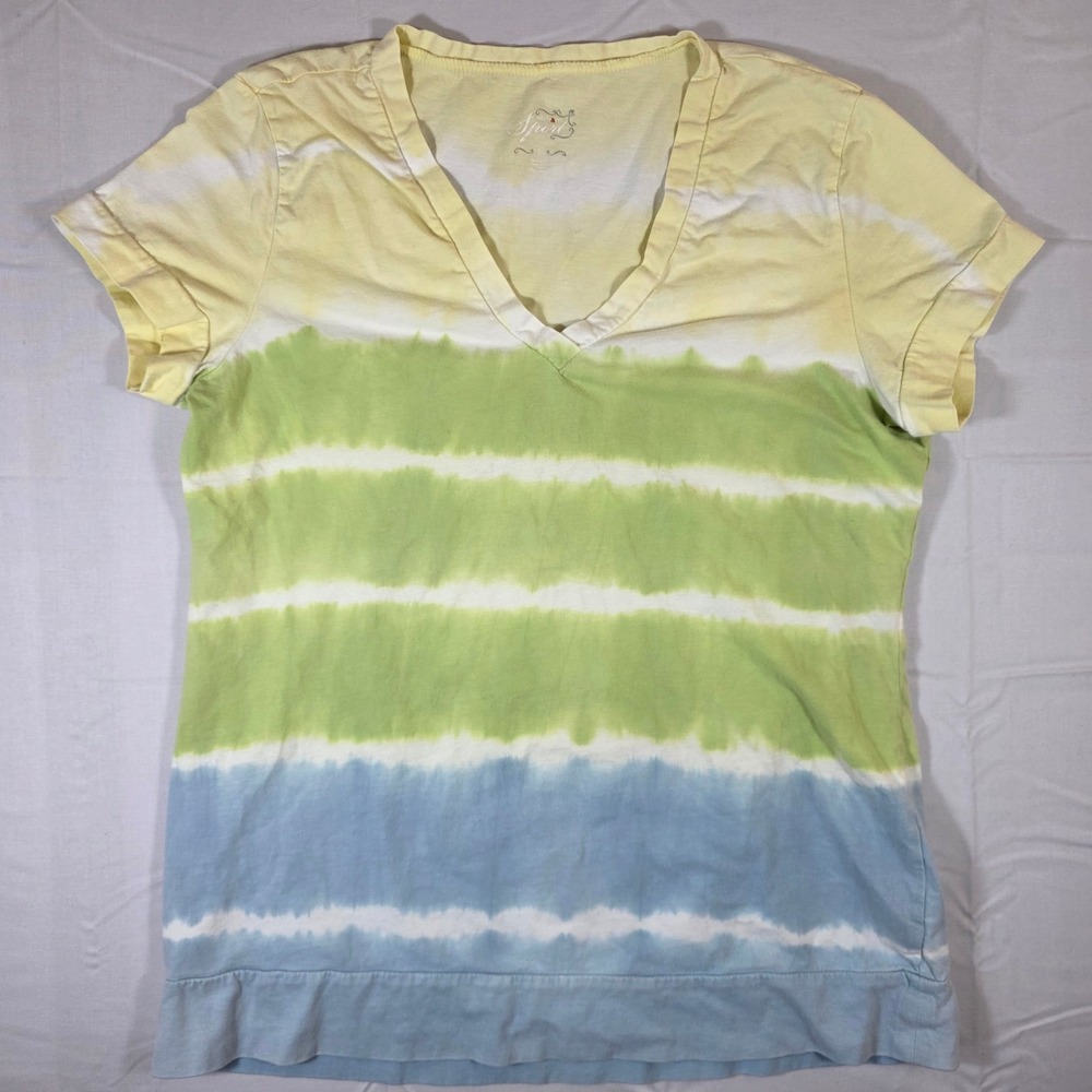 Style & Co Sport Women L Tie Dye Striped V-Neck T-Shirt Yellow Green Blue Cotton